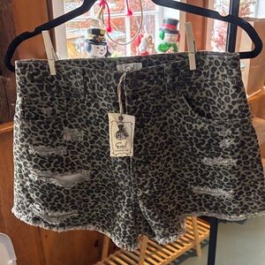 Easel Black Leopard Print Distressed Jean Shorts